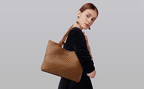 Woven Bag for Women, Fashion Top Handle Shoulder Bag Vegan Leather Shopper Bag Large Travel Tote Bag (Brown)