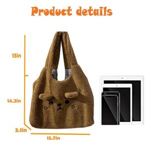 Qubanda Cute Bear Shoulder Bag Soft Plush Hobo Tote Handbag for Women Girls Purse Shopping Bag