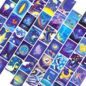 blue dream quiet room decor aesthetic wall collage kit posters elk ocean moon galaxy stars cosmic fantasy elements artwork for teen girls women bedroom home dorm abstract card wall art decor (50pcs 4x6inch)