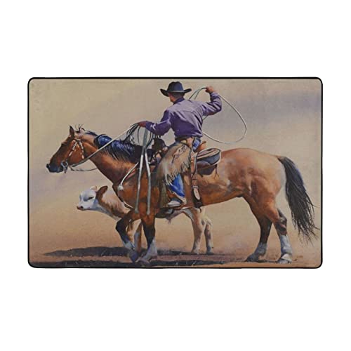 Big Size Washable Area Rugs,Western Cowboy Riding in Wild West Rodeo Bucking Bronco Horse Soft Large Floor Carpets Non-Skid Rug for Kids Room Living Room Bedroom Home Decor 3x5 Ft