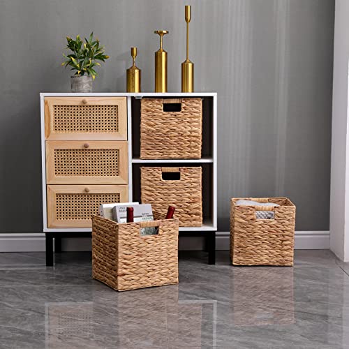 JGJCYO9 Storage Baskets Wicker Cube Baskets Rectangular Laundry Organizer,Foldable Handwoven Water Hyacinth,Set of 4 pcs Baskets for Home Office Room