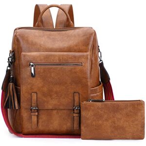 hkcluf backpack purse for women vegan leather travel backpack multipurpose design convertible satchel bag handbag and purse 2pcs pack backpack with tassel(brown)