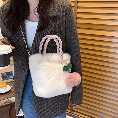 A/R Fluffy Tote Bag Y2K Plush Crossbody Bag Fluffy Shoulder Bag Cute Cherry Accessory Handbag for Women Girls White