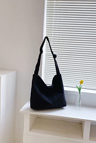 Ulisty Women Corduroy Tote Bag Fashion Shoulder Bag Casual Hobo Bag Shopping Bag Handbag black