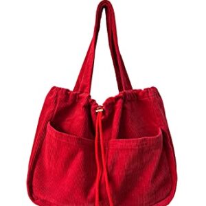 Ulisty Women Large Capacity Corduroy Drawstring Tote Bag Pockets Shoulder Bag Casual Handbag Hobo Bag Shopping Bag red