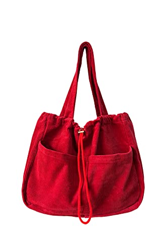 Ulisty Women Large Capacity Corduroy Drawstring Tote Bag Pockets Shoulder Bag Casual Handbag Hobo Bag Shopping Bag red