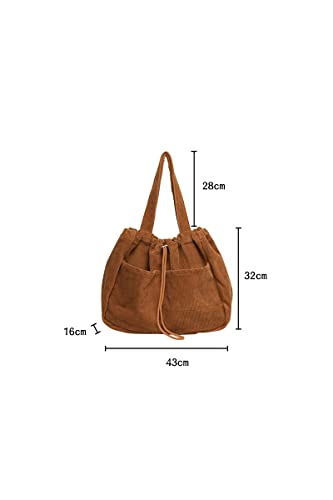 Ulisty Women Large Capacity Corduroy Drawstring Tote Bag Pockets Shoulder Bag Casual Handbag Hobo Bag Shopping Bag red