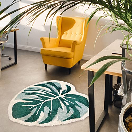 THRILRUG Monstera Leaf Area Tufted Rugs Non Slip Bath Mat Tufted Rug,Ultra Soft Washable Children Play Plant Leaves Shaped Kids Pets Floor Mat Carpet for Bedroom,Living Room Green 2.2'×3'