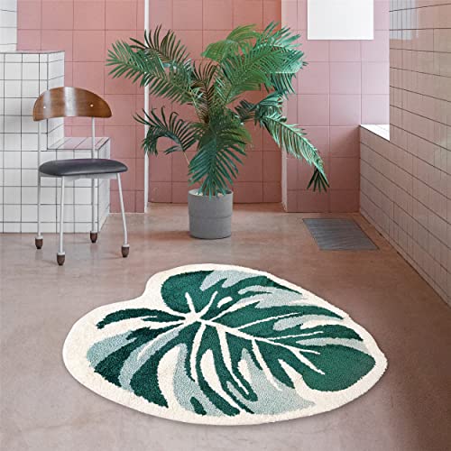 THRILRUG Monstera Leaf Area Tufted Rugs Non Slip Bath Mat Tufted Rug,Ultra Soft Washable Children Play Plant Leaves Shaped Kids Pets Floor Mat Carpet for Bedroom,Living Room Green 2.2'×3'