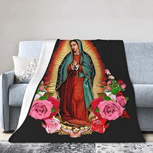 our lady of guadalupe virgin mary blessed mother virgen with flowers(1) flannel fleece throw blankets super soft cozy warm black 50inx40in