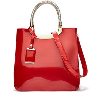 ziming top handle handbags for women shiny patent leather purses square satchel stylish zipper evening bags shoulder crossbody bag-red