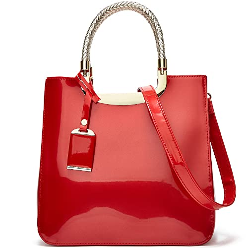 ZiMing Top Handle Handbags for Women Shiny Patent Leather Purses Square Satchel Stylish Zipper Evening Bags Shoulder Crossbody Bag-Red