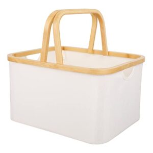 anminy large storage basket with natural bamboo handles canvas fabric picnic laundry bin water-repellent rectangular closet cabinet shelf box foldable decorative nursery clothes toys organizer – beige
