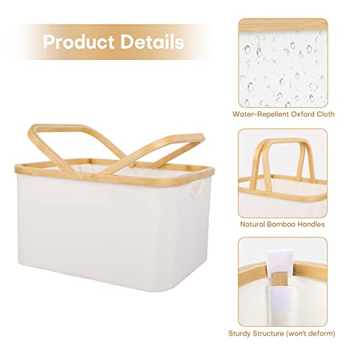 ANMINY Large Storage Basket with Natural Bamboo Handles Canvas Fabric Picnic Laundry Bin Water-Repellent Rectangular Closet Cabinet Shelf Box Foldable Decorative Nursery Clothes Toys Organizer - Beige