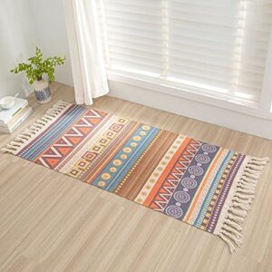 aoaoaoway cotton rug soft rug and handwoven fringe rectangular cotton rug tapestry boho kitchen, living room (blue&orange, 51.2 * 23.6)