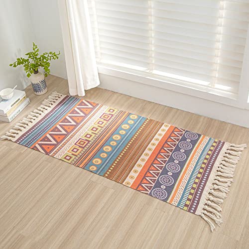 aoaoaoway Cotton Rug Soft Rug and Handwoven Fringe Rectangular Cotton Rug Tapestry Boho Kitchen, Living Room (Blue&Orange, 51.2 * 23.6)