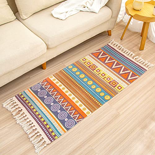 aoaoaoway Cotton Rug Soft Rug and Handwoven Fringe Rectangular Cotton Rug Tapestry Boho Kitchen, Living Room (Blue&Orange, 51.2 * 23.6)