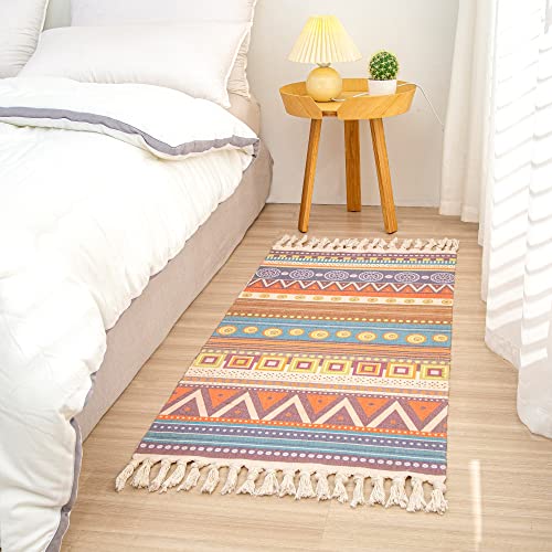 aoaoaoway Cotton Rug Soft Rug and Handwoven Fringe Rectangular Cotton Rug Tapestry Boho Kitchen, Living Room (Blue&Orange, 51.2 * 23.6)