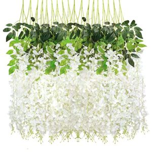 cewor 18 pack wisteria hanging flowers 3.7 feet artificial flowers fake wisteria vine hanging garland silk flowers string for wedding party home greenery wall decor (white)