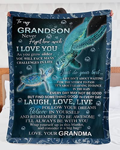 Personalized to My Grandson Blanket from Mimi Never Forget That I Love You Sea Turtle Custom Name Grandsons Gifts Fleece Sherpa Blanket for Birthday Christmas Xmas Graduation, Multi Color