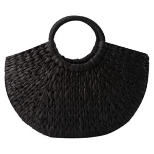 junyy summer beach round bucket tote bag for women woven straw bag handmade bohemian rattan handbag(black)