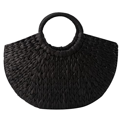 JUNYY Summer Beach Round Bucket Tote Bag For Women Woven Straw Bag Handmade Bohemian Rattan Handbag(Black)