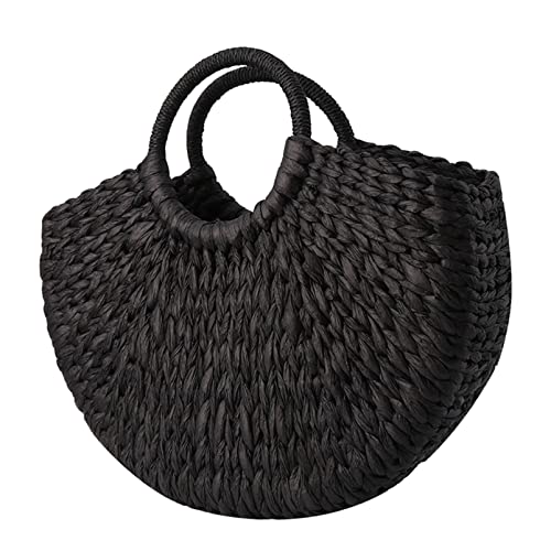 JUNYY Summer Beach Round Bucket Tote Bag For Women Woven Straw Bag Handmade Bohemian Rattan Handbag(Black)