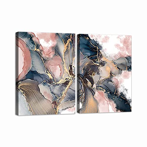 Abstract Canvas Prints Wall Art 2 Panel Texture Paint Stains Blue Rose Gold and Pink Picture Wall Decor For Bathroom Bedroom Living Room (12"x16"x2 (30x40cmx2))