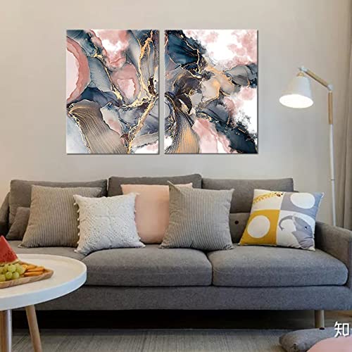 Abstract Canvas Prints Wall Art 2 Panel Texture Paint Stains Blue Rose Gold and Pink Picture Wall Decor For Bathroom Bedroom Living Room (12"x16"x2 (30x40cmx2))