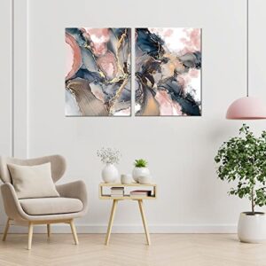 Abstract Canvas Prints Wall Art 2 Panel Texture Paint Stains Blue Rose Gold and Pink Picture Wall Decor For Bathroom Bedroom Living Room (12"x16"x2 (30x40cmx2))