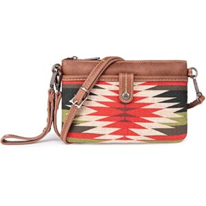 Wrangler Crossbody Handbag Brown Wristlet Purse Aztec Printes Canvas Clutch for Women Vegan Leather Cell Phone Bag,WG52-C181BR