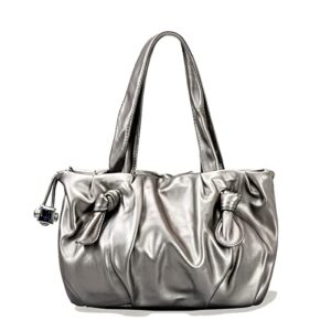 soft leather tote shoulder bag for women,metal gray drawstring tote bag,casual simple messenger bag