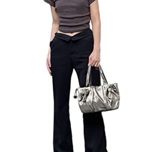Soft Leather Tote Shoulder Bag For Women,Metal Gray Drawstring Tote Bag,Casual Simple Messenger Bag