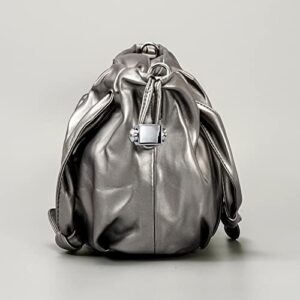 Soft Leather Tote Shoulder Bag For Women,Metal Gray Drawstring Tote Bag,Casual Simple Messenger Bag