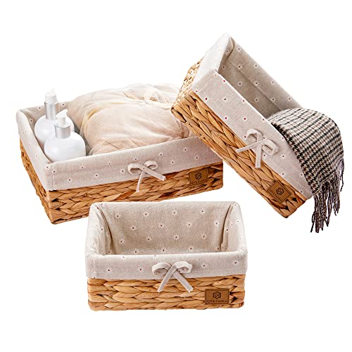 QH & Garden Hand-Woven Water Hyacinth Storage Baskets,Decorative Rectangular Wicker Basket with Detachable Liner,Natural Seagrass Woven Organizer Baskets for Shelves (set of 3)