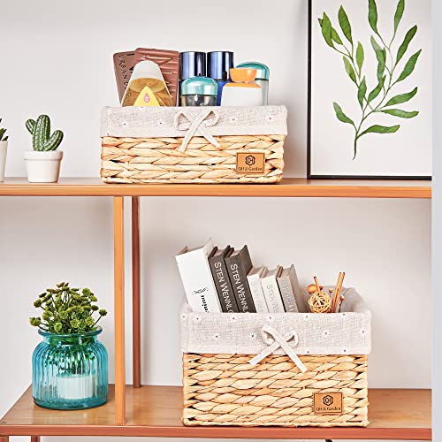 QH & Garden Hand-Woven Water Hyacinth Storage Baskets,Decorative Rectangular Wicker Basket with Detachable Liner,Natural Seagrass Woven Organizer Baskets for Shelves (set of 3)