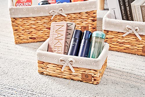 QH & Garden Hand-Woven Water Hyacinth Storage Baskets,Decorative Rectangular Wicker Basket with Detachable Liner,Natural Seagrass Woven Organizer Baskets for Shelves (set of 3)