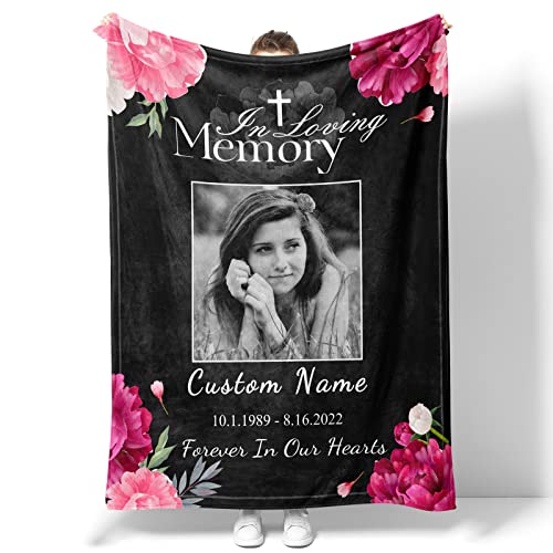 Custom Memorial Throw Blanket, in Loving Memory Blankets for Loss of Mom Dad Grandma Son Daughter, Personalized Picture Name Date Blanket, Memorial Gifts for Bereavement,50"x40"