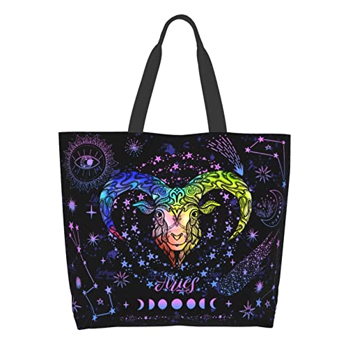 JASUTOT Aries Constellation Tote Bag Large Canvas Zodiac Sign Astrology Shoulder Tote Handle Bag For Gym Beach Weekender Travel Shopping