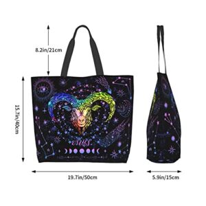 JASUTOT Aries Constellation Tote Bag Large Canvas Zodiac Sign Astrology Shoulder Tote Handle Bag For Gym Beach Weekender Travel Shopping