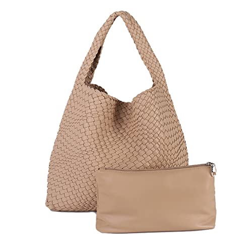 LMKIDS Women Vegan Leather Hand-Woven Tote Handbag Fashion Shoulder Top-handle Bag All-Match Underarm Bag with Purse (Khaki)