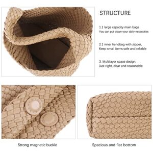 LMKIDS Women Vegan Leather Hand-Woven Tote Handbag Fashion Shoulder Top-handle Bag All-Match Underarm Bag with Purse (Khaki)