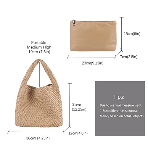 LMKIDS Women Vegan Leather Hand-Woven Tote Handbag Fashion Shoulder Top-handle Bag All-Match Underarm Bag with Purse (Khaki)