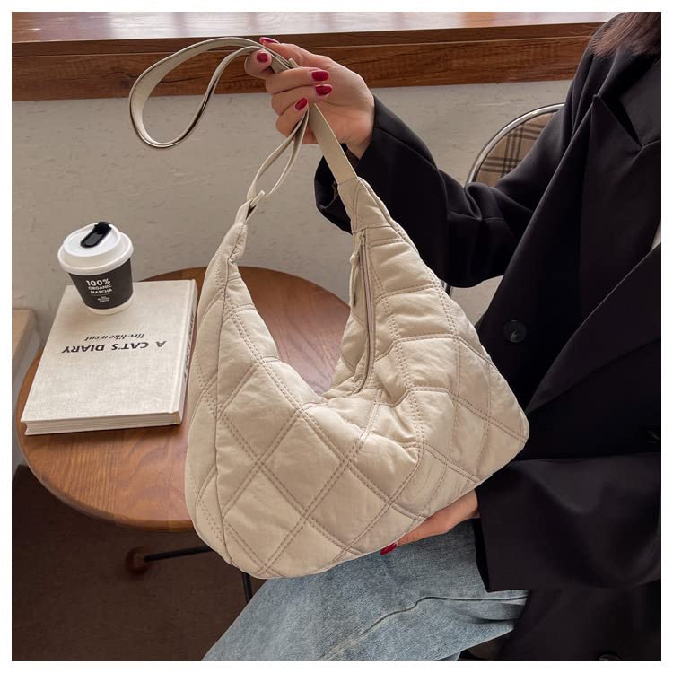 Quilted Bags For Women Crossbody Lightweight Padding Puffer Tote Bag Trendy Y2k Puffy Shoulder Bag Trendy Y2k Hobo Bag (Beige)