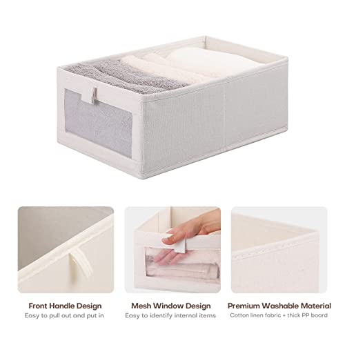 ANMINY Storage Bin Foldable Cotton Linen Fabric Open Storage Basket Box with Clear Mesh Window Washable Thick PP Board Decorative Closet Shelf Nursery Baby Kid Laundry Organizer – Beige, Small