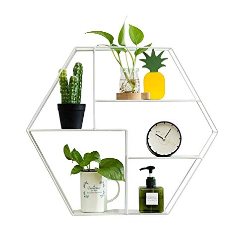 PIBM Stylish Simplicity Shelf Wall Mounted Floating Rack Shelves Hexagon Iron Art Storage Display Stand Study Room Shop Strong Bearing Capacity,2 Colors,4 Layers, Awhite , 52x11x45cm