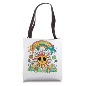 hippie sun and mushrooms groovy retro tote bag