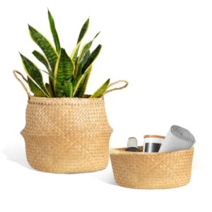 yes4all woven seagrass plant basket, handwoven belly basket for plants, wicker planter basket, foldable seagrass belly basket for storage, large plant baskets indoor (large size 13.4 inches)
