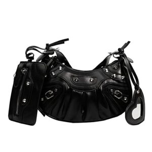 retro punk style rivet hobo bag + mini purses, pleated crescent bag, personality satchels/shoulder/crossbody bag for women