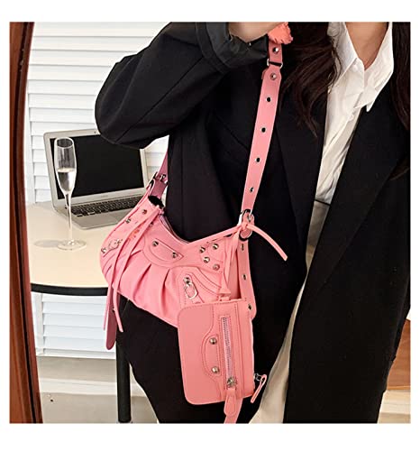 Retro Punk Style Rivet Hobo Bag + Mini Purses, Pleated Crescent Bag, Personality Satchels/Shoulder/Crossbody Bag for Women